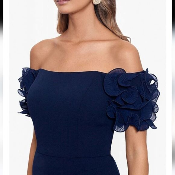 XscapeRosette Off-the-Shoulder Short Sleeve Ruffle Ruched Waist Gown Size 12 NWT - Picture 6 of 11